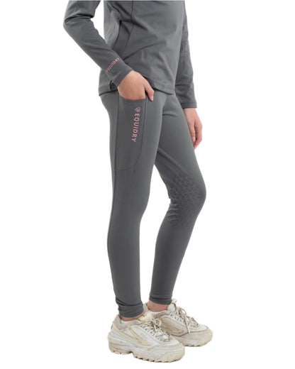 Grey Pale Pink Coloured Equidry Childrens Water Repellent Knee Grip Leggings on white background 