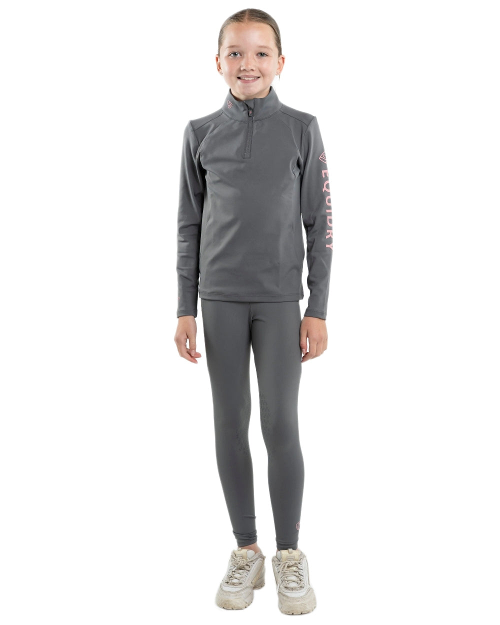 Grey Pale Pink Coloured Equidry Childrens Water Repellent Knee Grip Leggings on white background 
