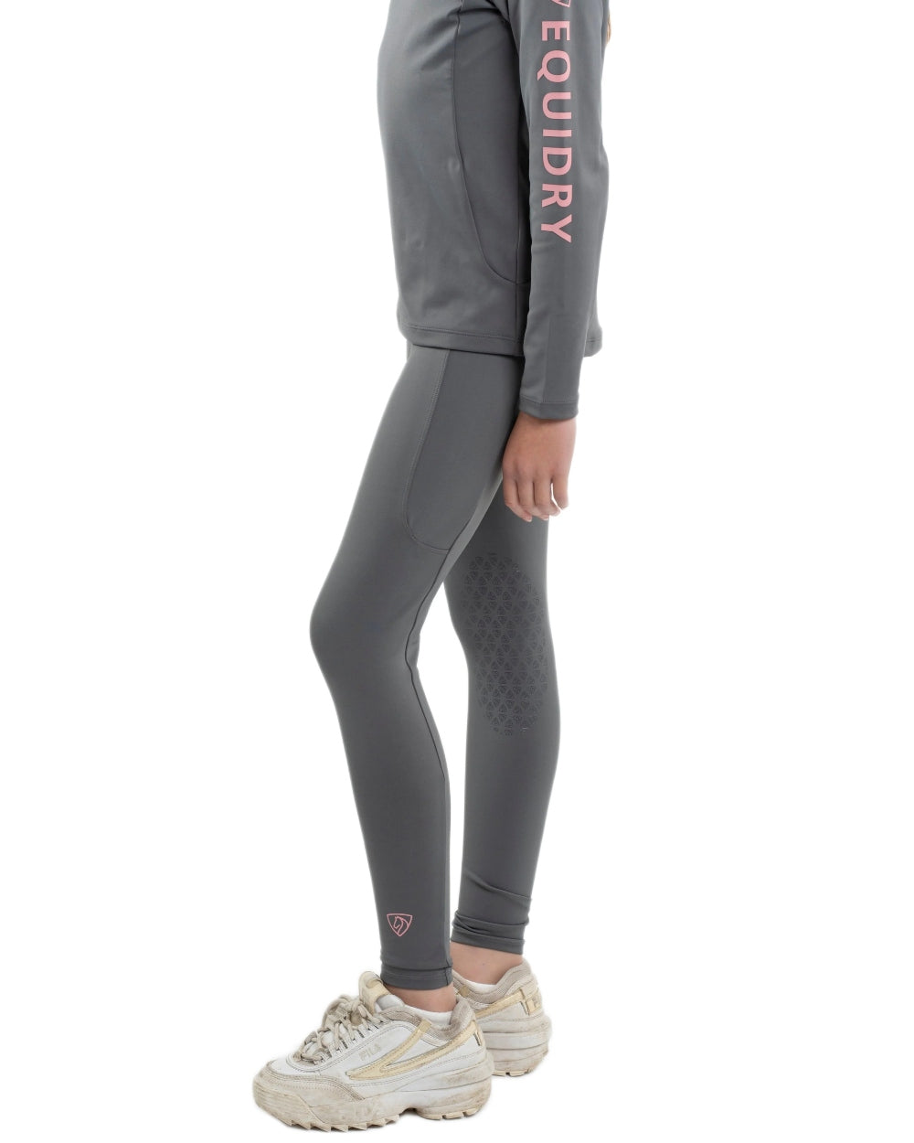 Grey Pale Pink Coloured Equidry Childrens Water Repellent Knee Grip Leggings on white background 