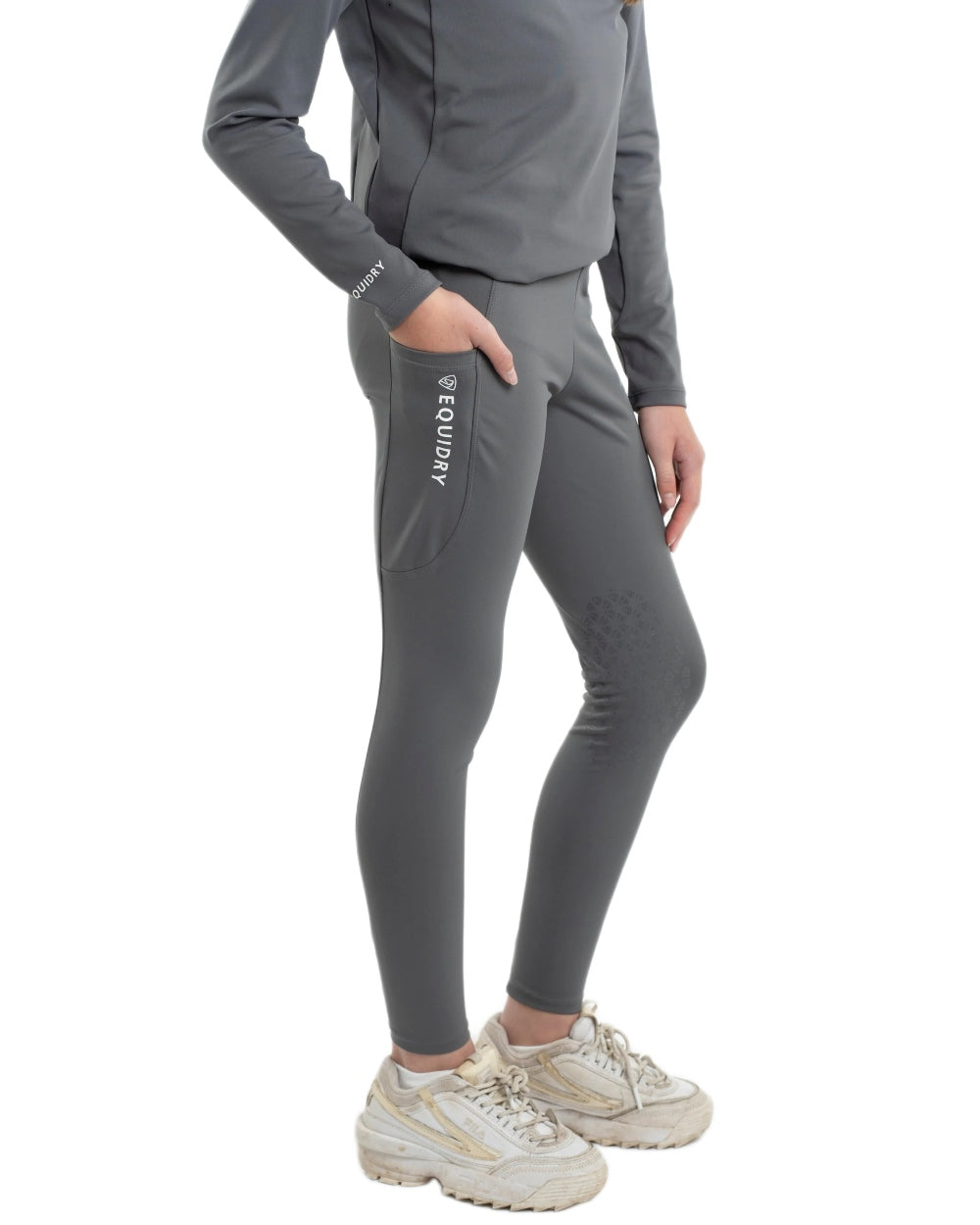 Grey White Coloured Equidry Childrens Water Repellent Knee Grip Leggings on white background 