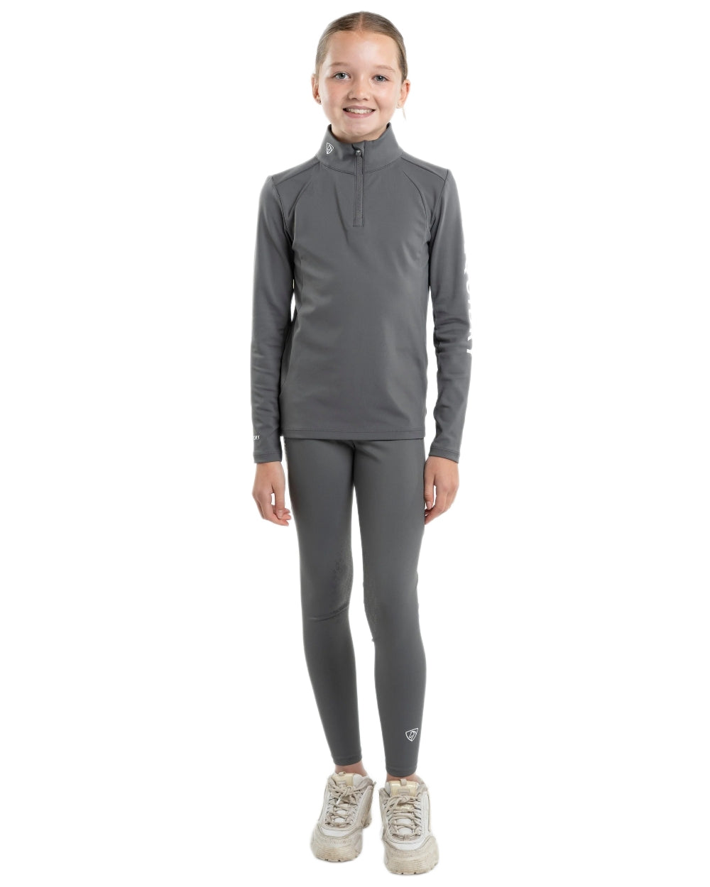Grey White Coloured Equidry Childrens Water Repellent Knee Grip Leggings on white background 