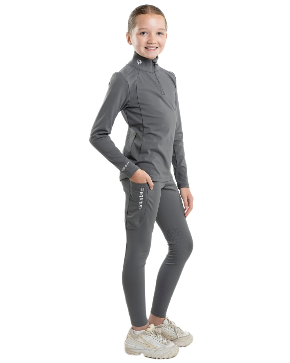 Grey White Coloured Equidry Childrens Water Repellent Knee Grip Leggings on white background 
