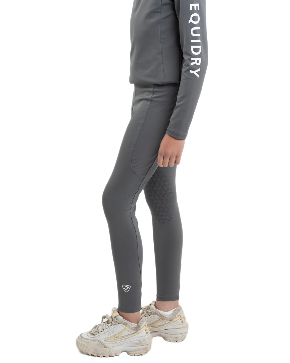 Grey White Coloured Equidry Childrens Water Repellent Knee Grip Leggings on white background 