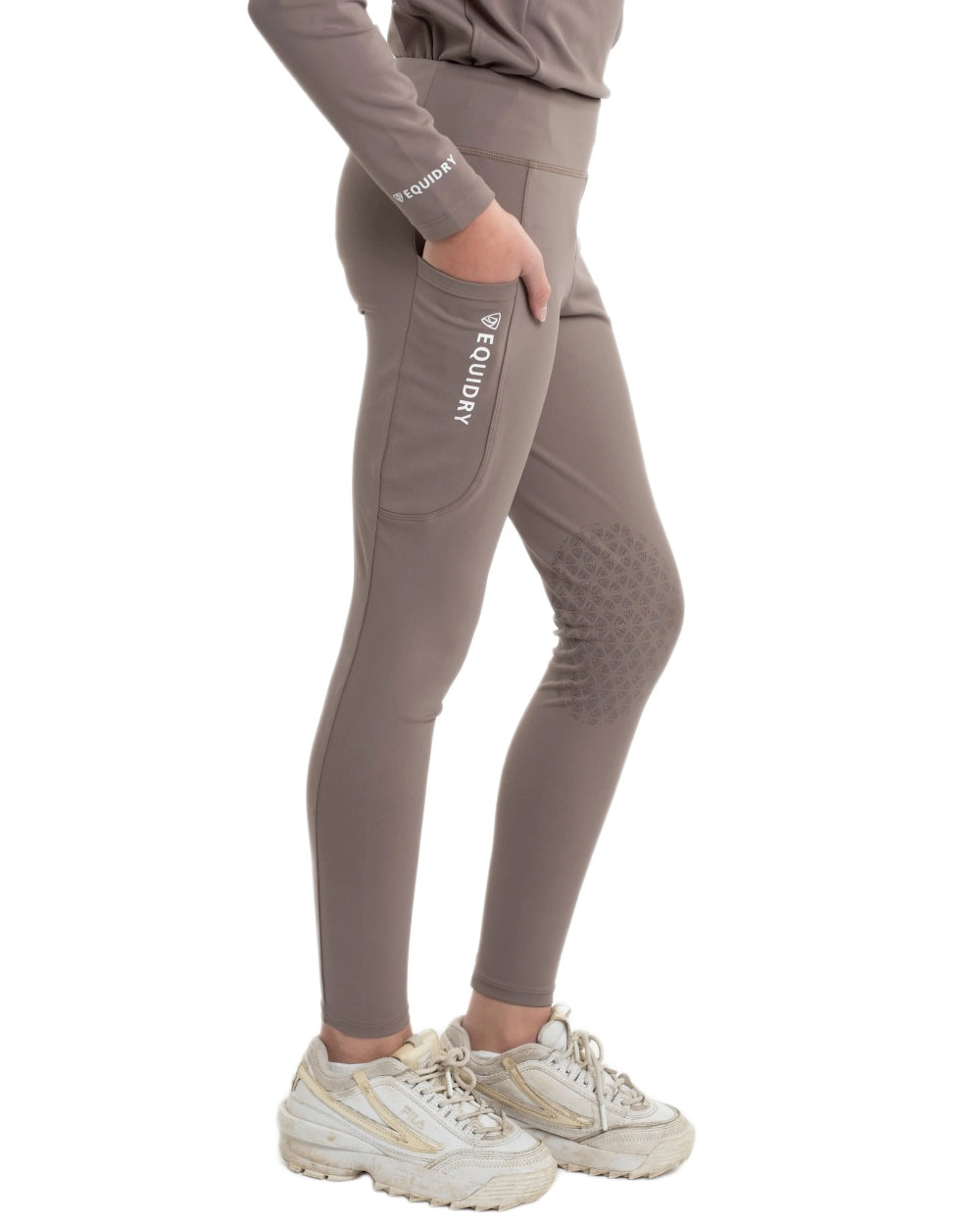 Mocha White Coloured Equidry Childrens Water Repellent Knee Grip Leggings on white background 