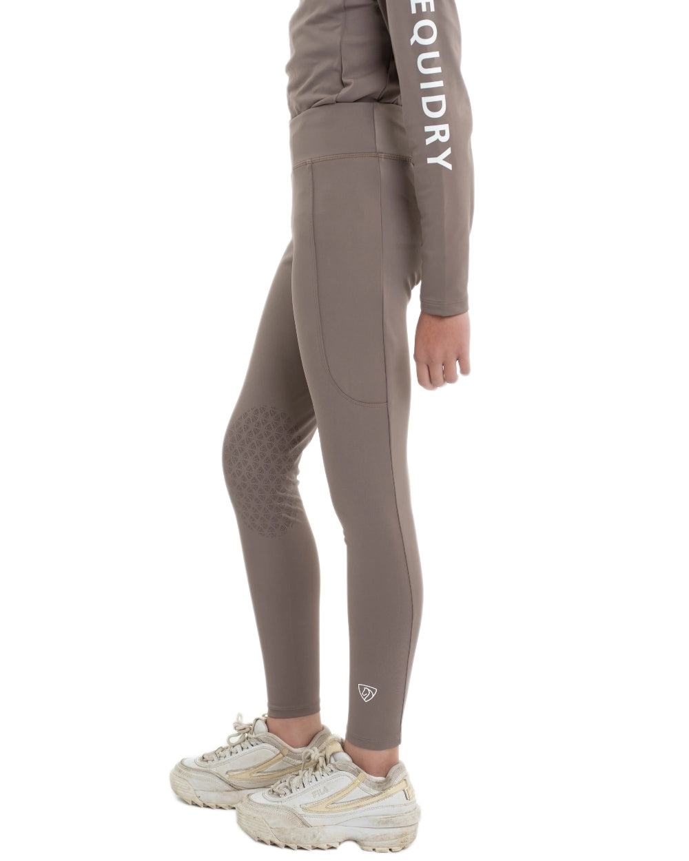 Mocha White Coloured Equidry Childrens Water Repellent Knee Grip Leggings on white background 