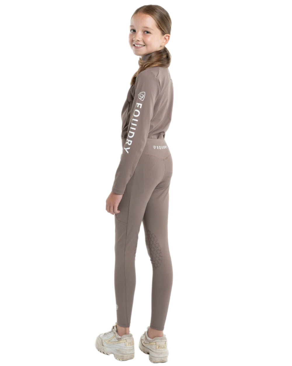 Mocha White Coloured Equidry Childrens Water Repellent Knee Grip Leggings on white background 