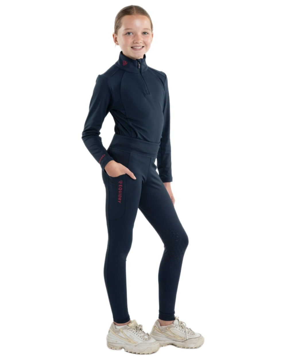 Navy Raspberry Coloured Equidry Childrens Water Repellent Knee Grip Leggings on white background 