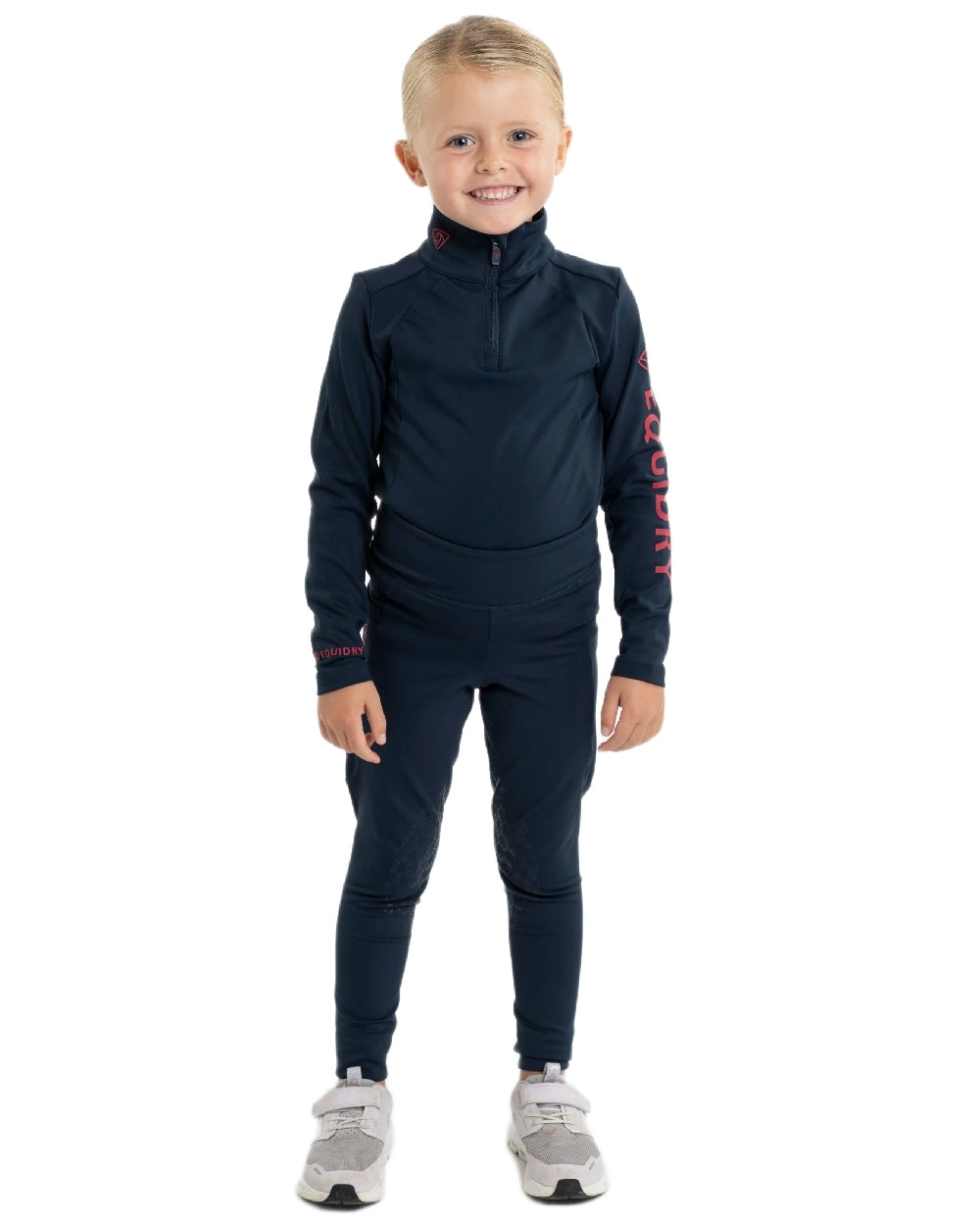 Navy Raspberry Coloured Equidry Childrens Water Repellent Knee Grip Leggings on white background 