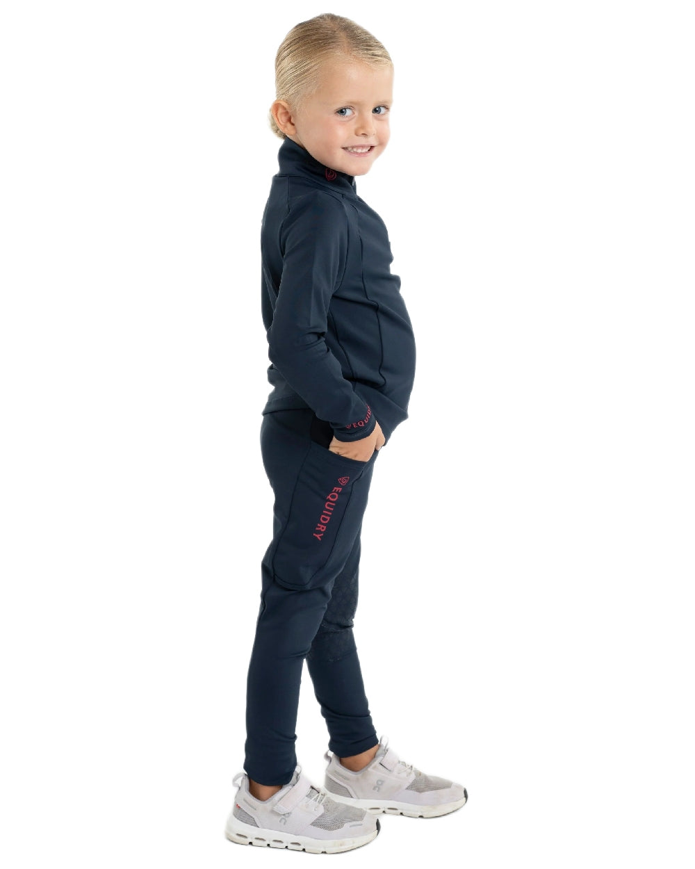 Navy Raspberry Coloured Equidry Childrens Water Repellent Knee Grip Leggings on white background 