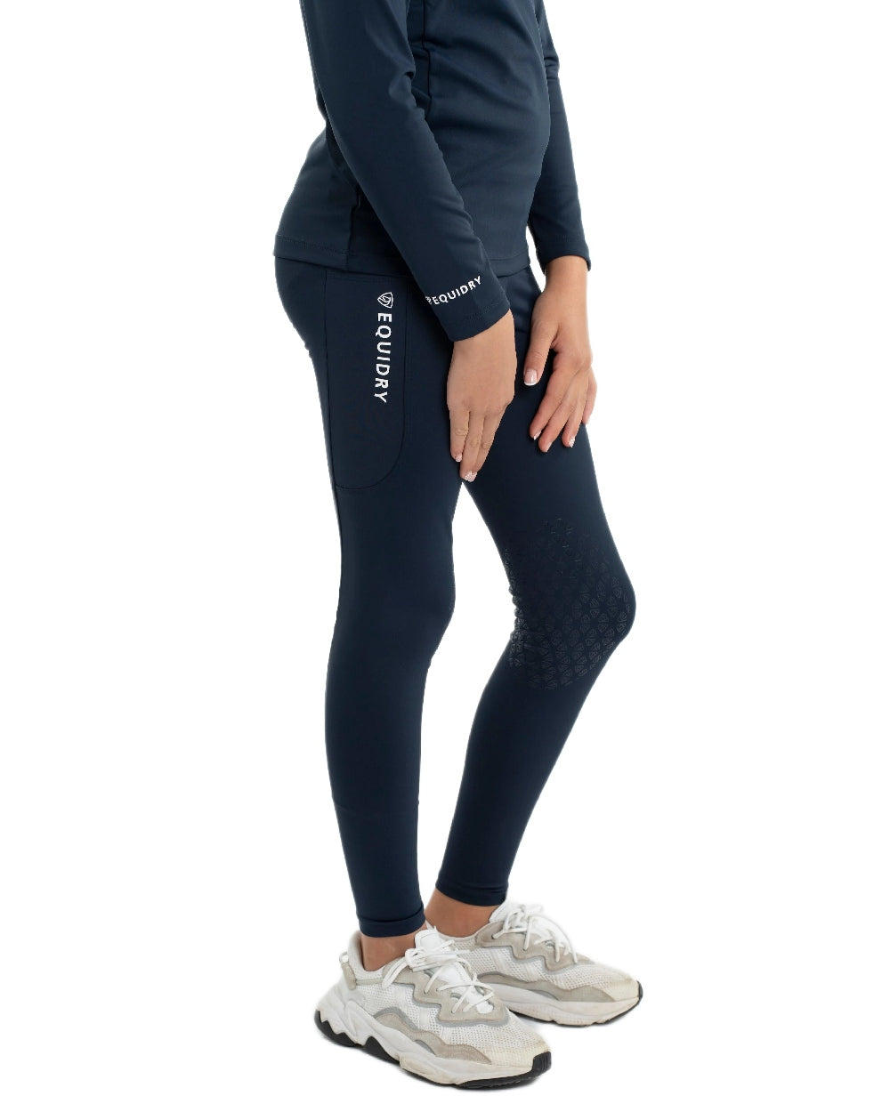 Navy White Coloured Equidry Childrens Water Repellent Knee Grip Leggings on white background 
