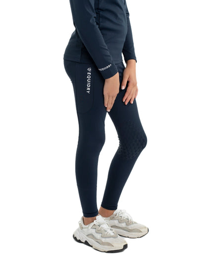 Navy White Coloured Equidry Childrens Water Repellent Knee Grip Leggings on white background 