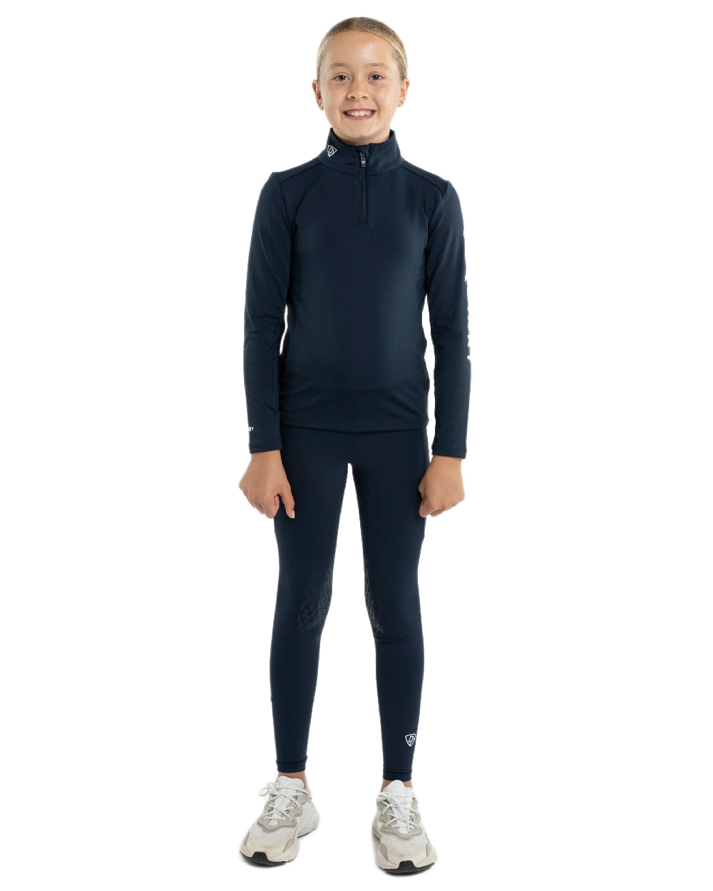 Navy White Coloured Equidry Childrens Water Repellent Knee Grip Leggings on white background 