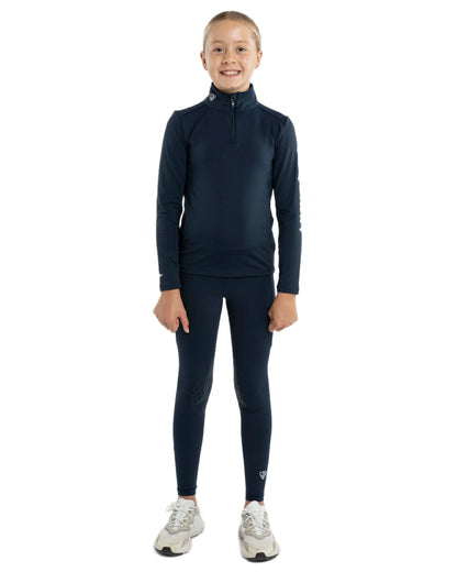 Navy White Coloured Equidry Childrens Water Repellent Knee Grip Leggings on white background 