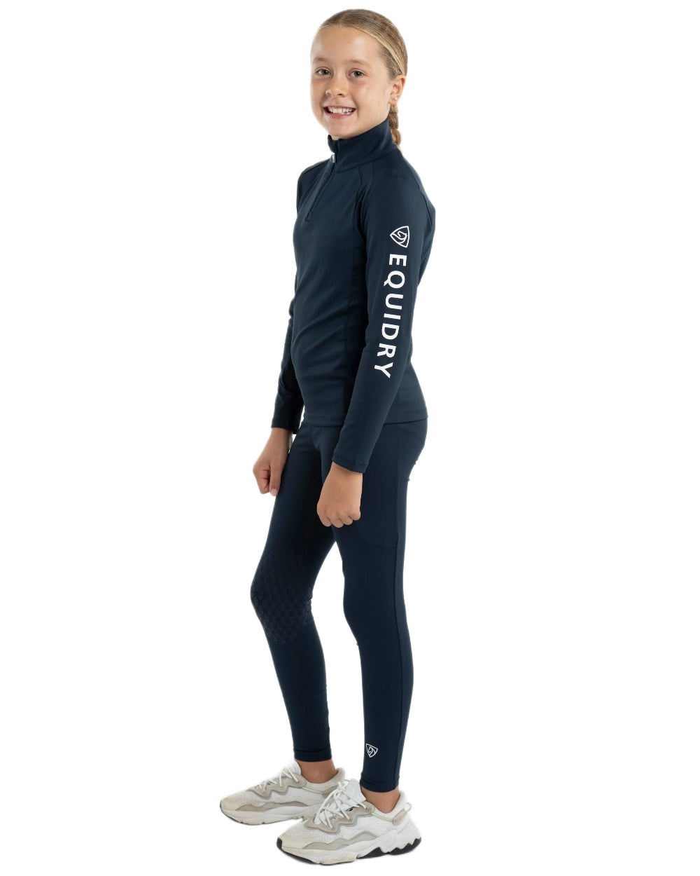 Navy White Coloured Equidry Childrens Water Repellent Knee Grip Leggings on white background 