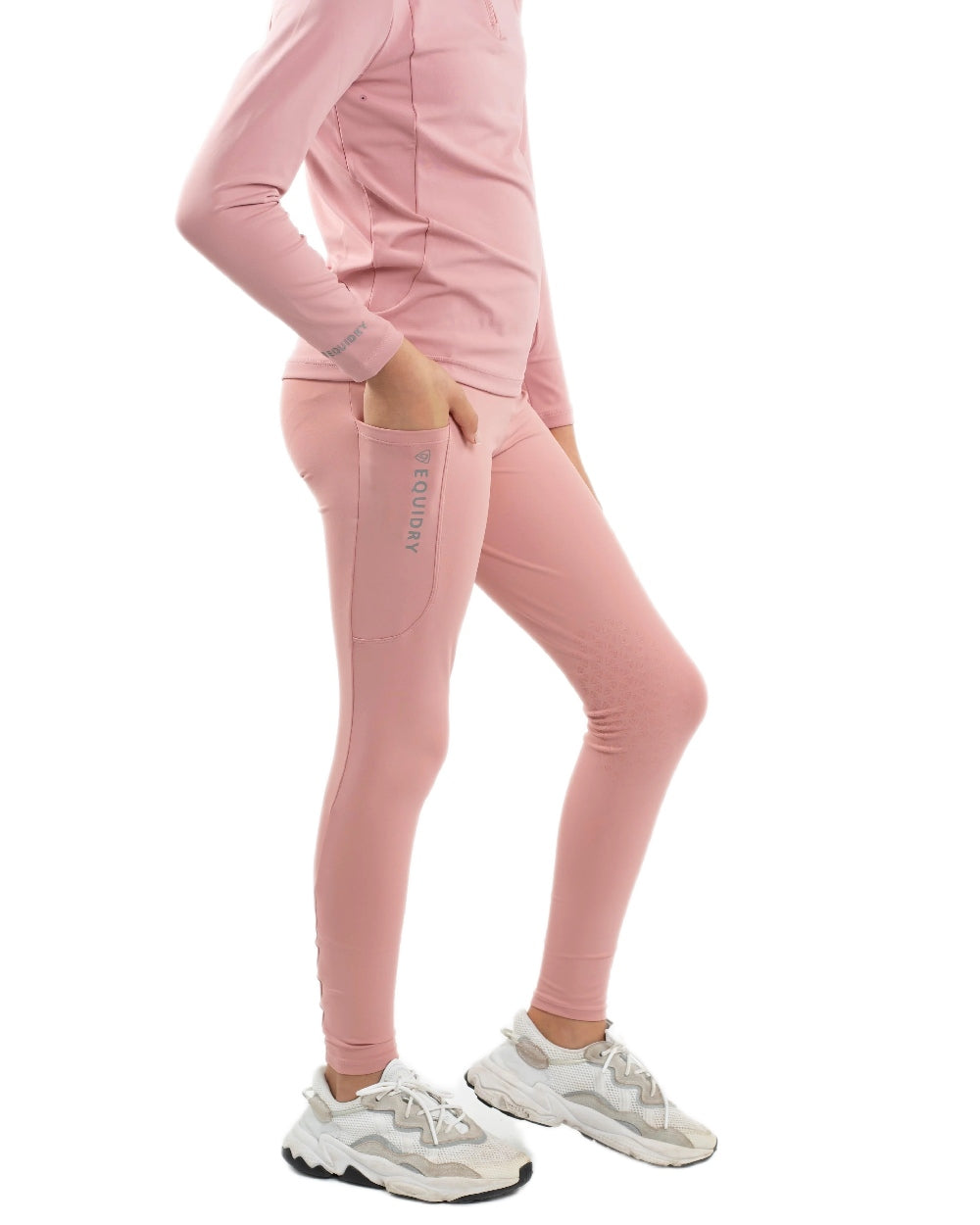 Pale Pink Grey Coloured Equidry Childrens Water Repellent Knee Grip Leggings on white background 
