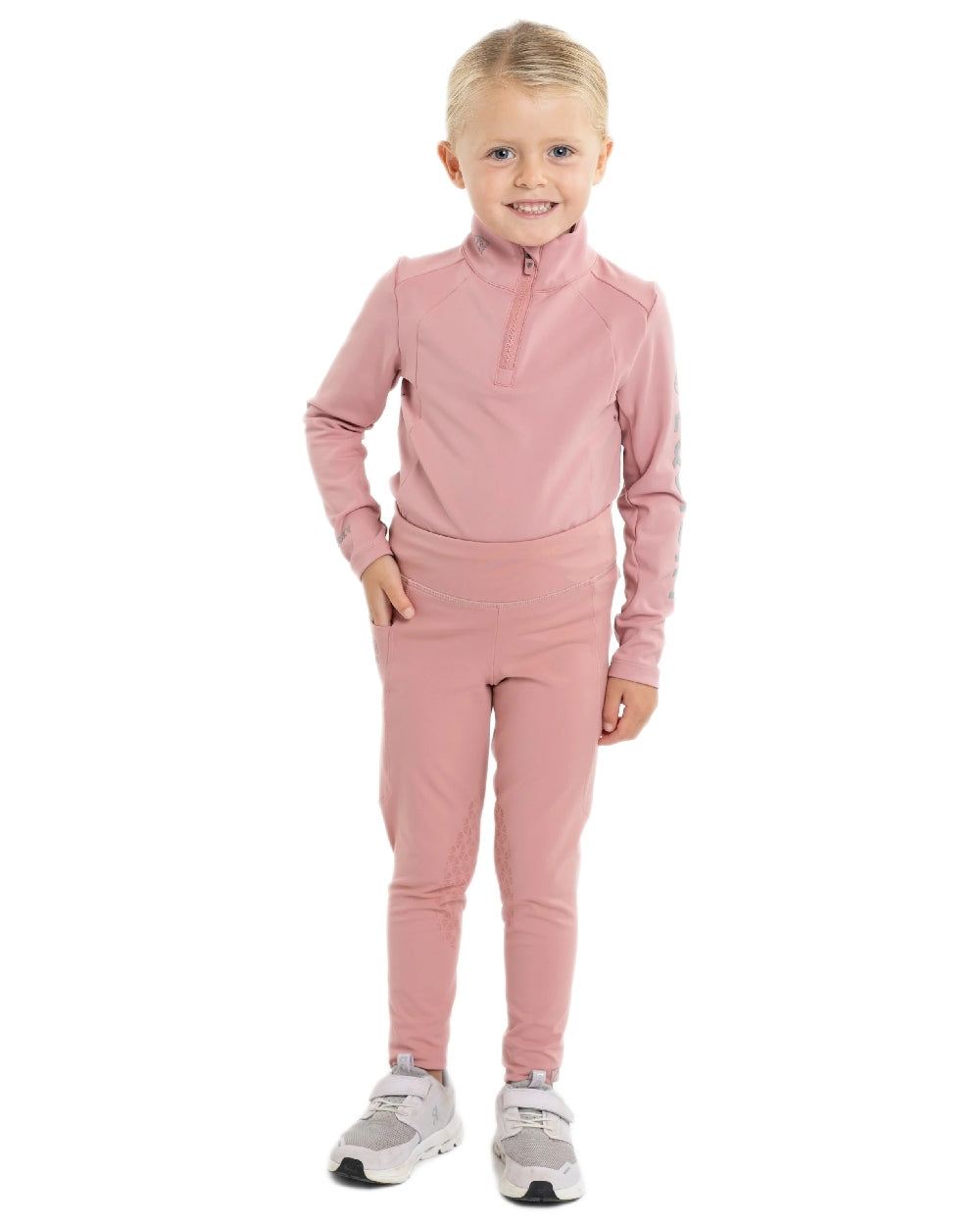 Pale Pink Grey Coloured Equidry Childrens Water Repellent Knee Grip Leggings on white background 