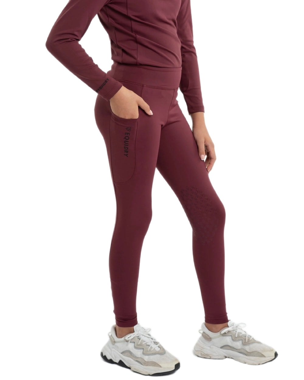 Plum Black Coloured Equidry Childrens Water Repellent Knee Grip Leggings on white background 