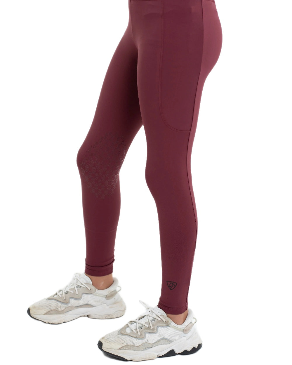 Plum Black Coloured Equidry Childrens Water Repellent Knee Grip Leggings on white background 