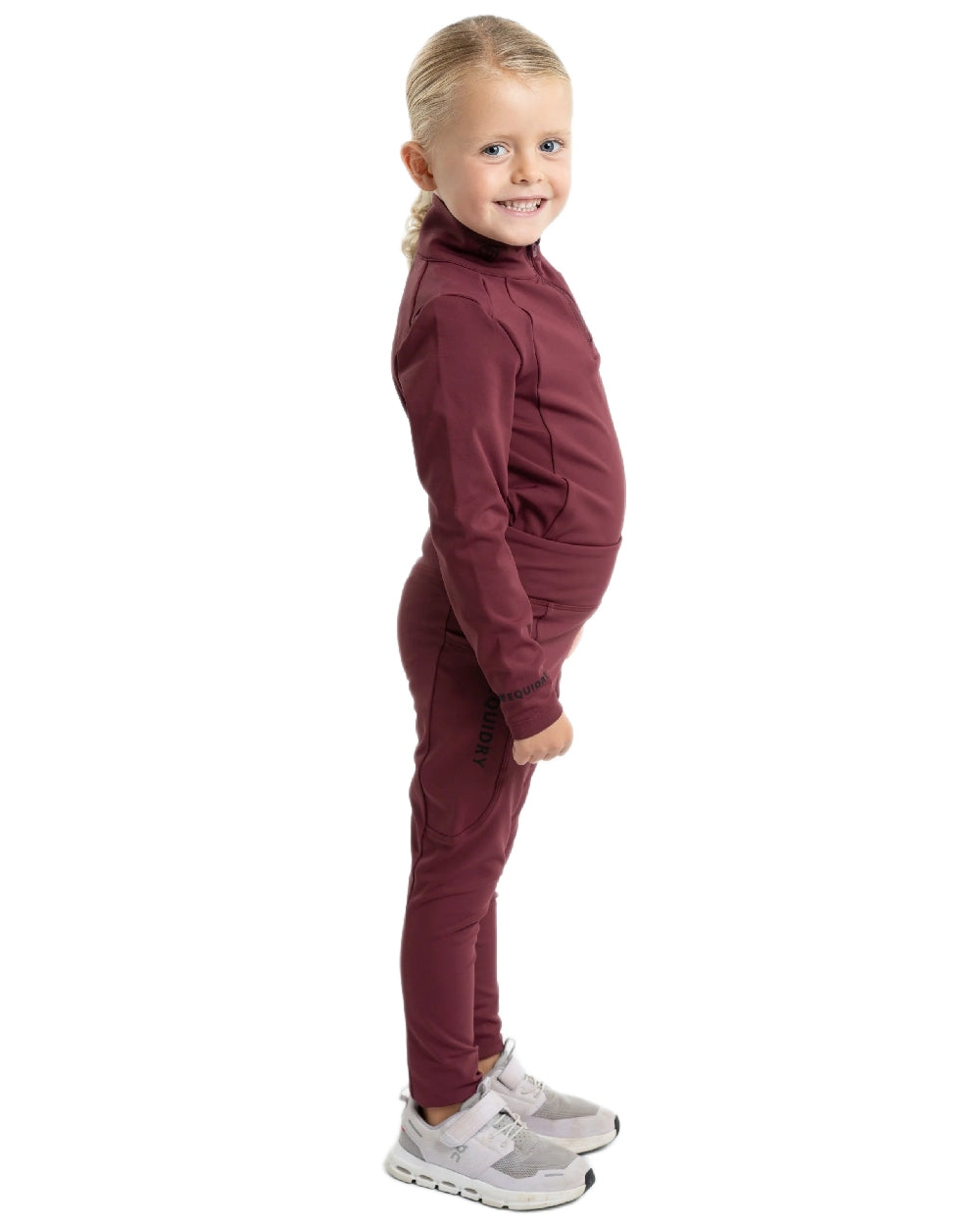 Plum Black Coloured Equidry Childrens Water Repellent Knee Grip Leggings on white background 