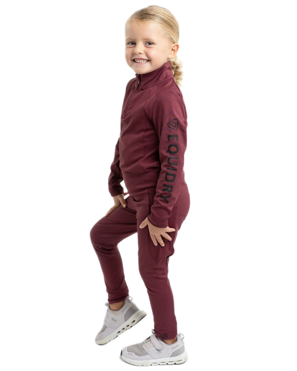 Plum Black Coloured Equidry Childrens Water Repellent Knee Grip Leggings on white background 