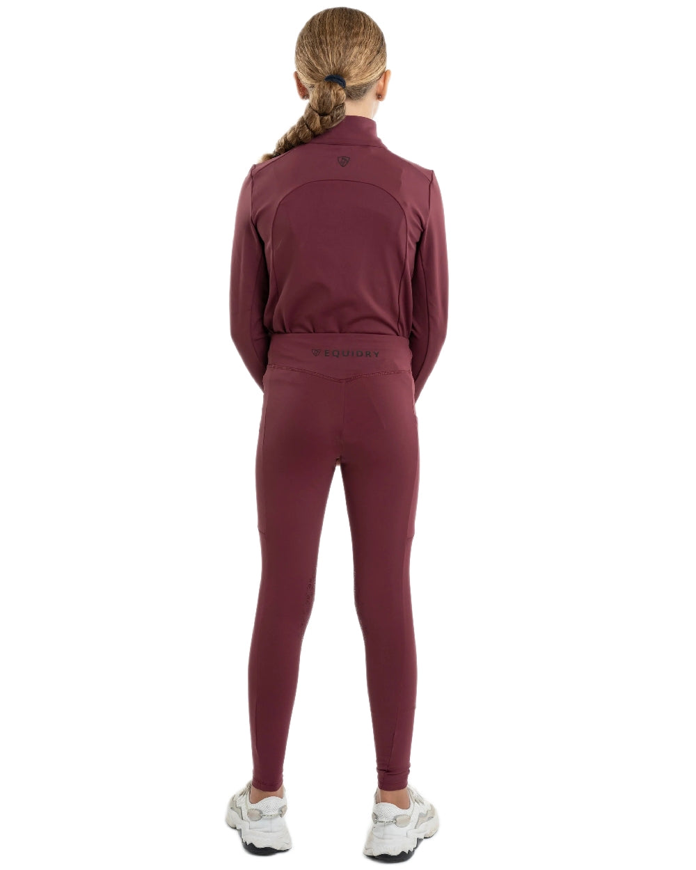 Plum Black Coloured Equidry Childrens Water Repellent Knee Grip Leggings on white background 