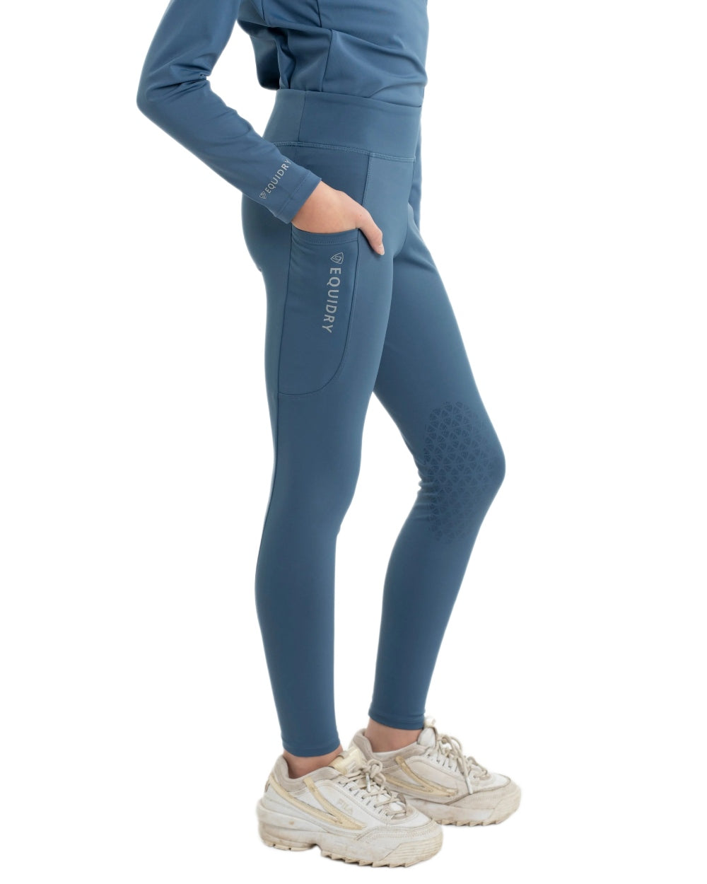 Steel Blue Grey Coloured Equidry Childrens Water Repellent Knee Grip Leggings on white background 