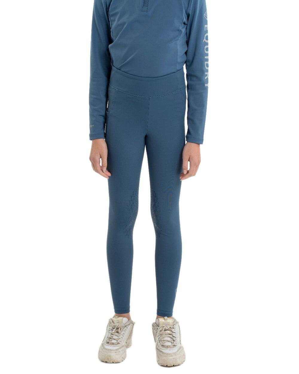 Steel Blue Grey Coloured Equidry Childrens Water Repellent Knee Grip Leggings on white background 