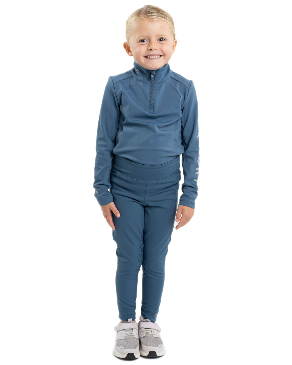 Steel Blue Grey Coloured Equidry Childrens Water Repellent Knee Grip Leggings on white background 