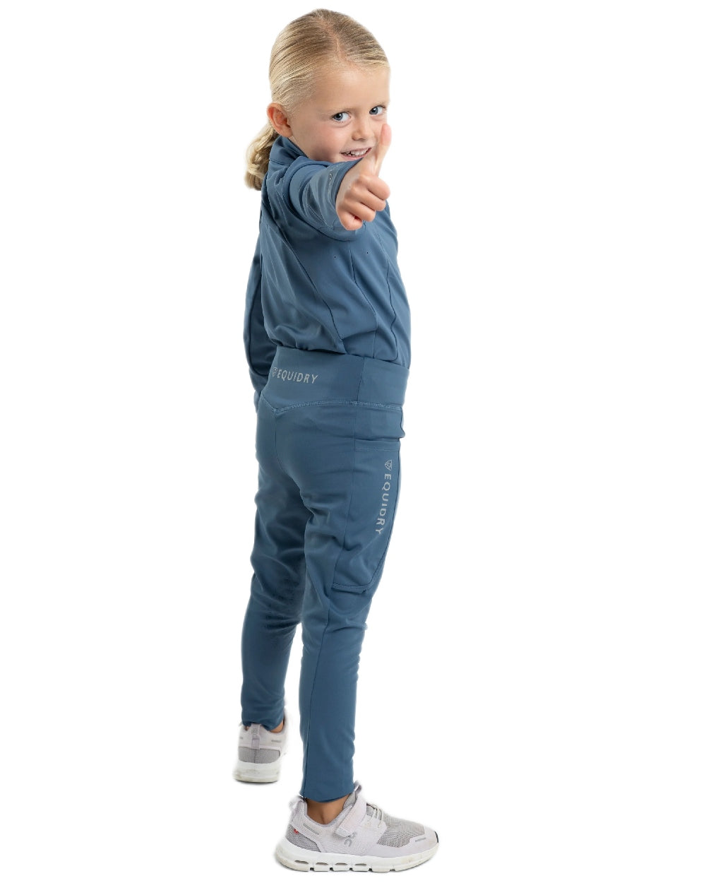 Steel Blue Grey Coloured Equidry Childrens Water Repellent Knee Grip Leggings on white background 