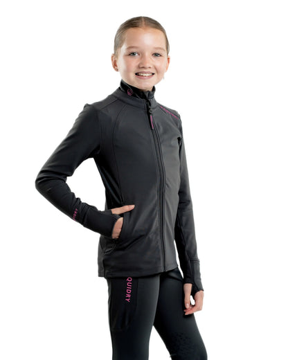 Black Peacock Pink Coloured Equidry Childrens Water Repellent Zip Up Top on white background 