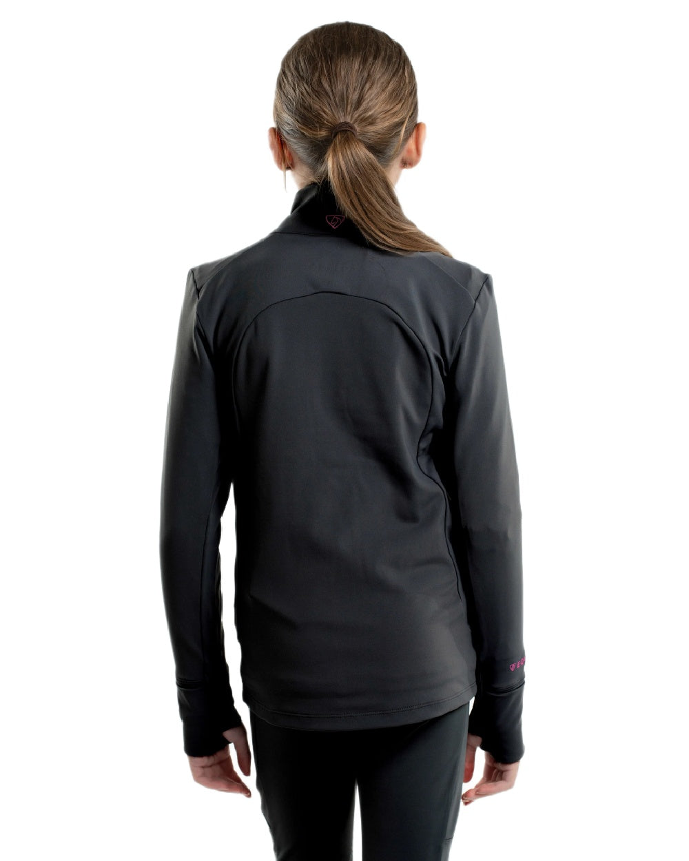Black Peacock Pink Coloured Equidry Childrens Water Repellent Zip Up Top on white background 