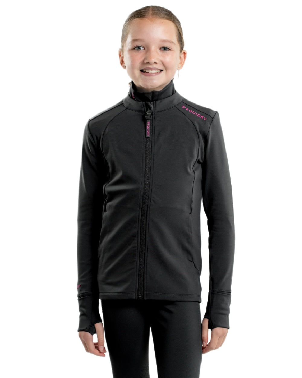 Black Peacock Pink Coloured Equidry Childrens Water Repellent Zip Up Top on white background 