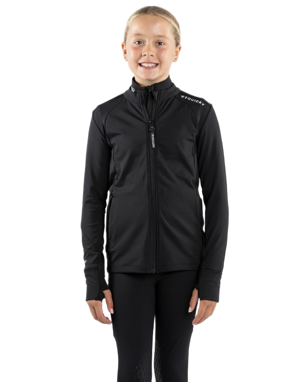 Black White Coloured Equidry Childrens Water Repellent Zip Up Top on white background 