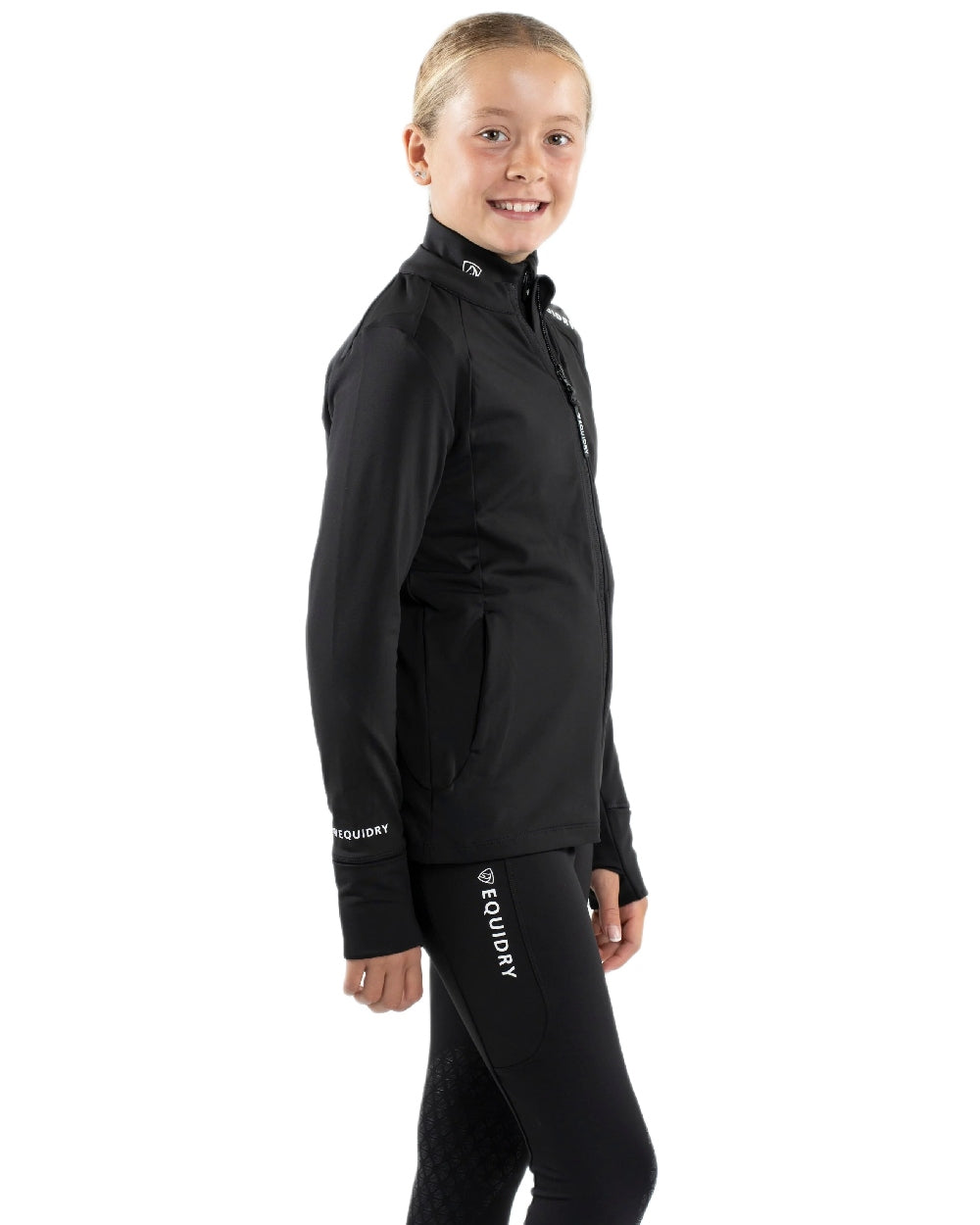 Black White Coloured Equidry Childrens Water Repellent Zip Up Top on white background 