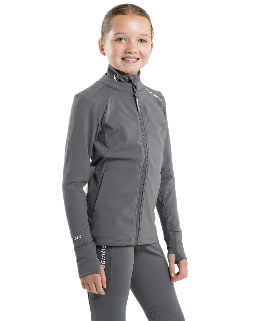 Grey White Coloured Equidry Childrens Water Repellent Zip Up Top on white background 