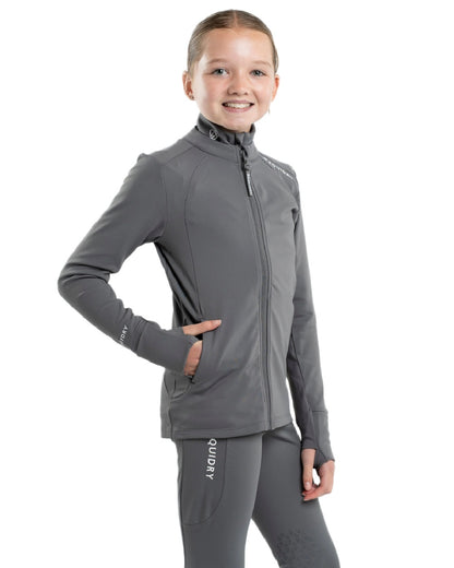 Grey White Coloured Equidry Childrens Water Repellent Zip Up Top on white background 