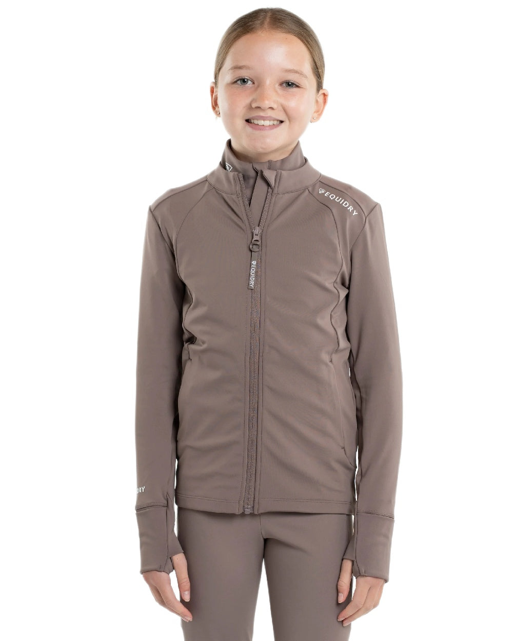 Mocha White Coloured Equidry Childrens Water Repellent Zip Up Top on white background 