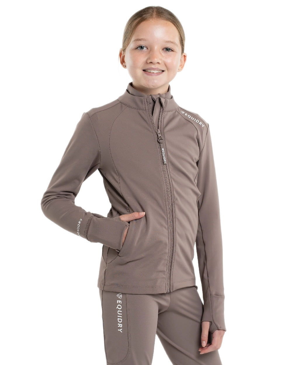 Mocha White Coloured Equidry Childrens Water Repellent Zip Up Top on white background 