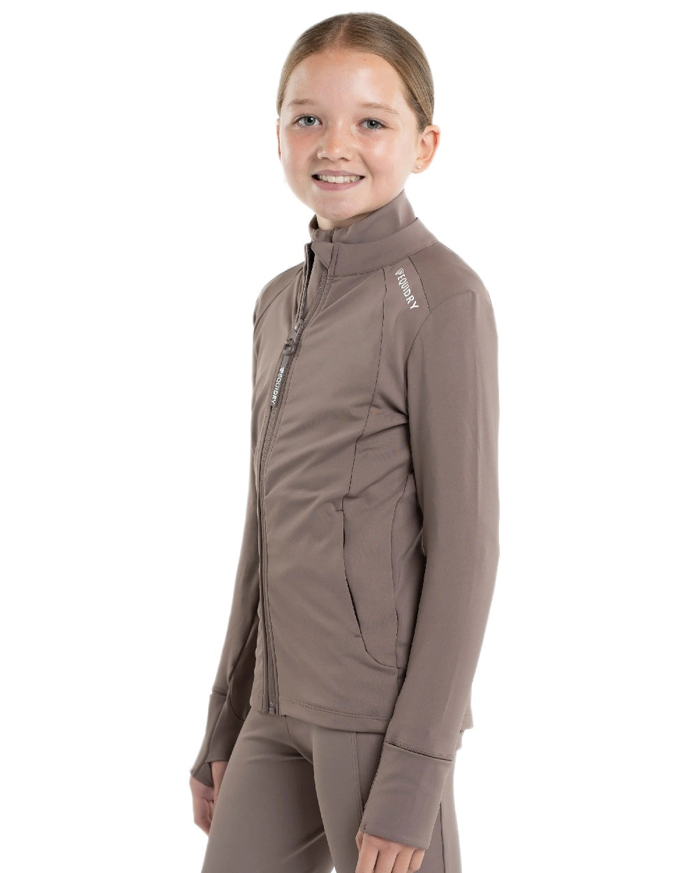 Mocha White Coloured Equidry Childrens Water Repellent Zip Up Top on white background 