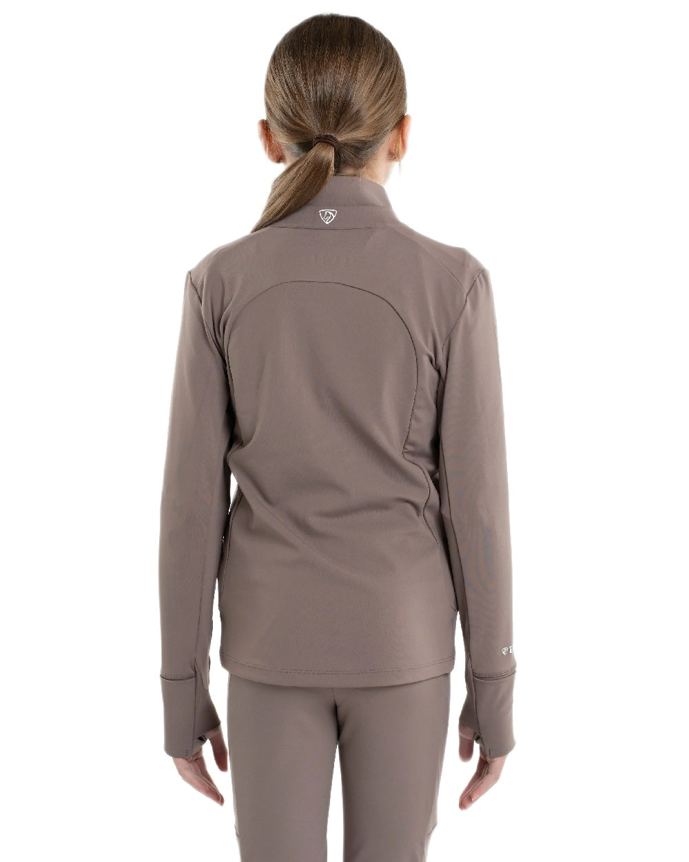 Mocha White Coloured Equidry Childrens Water Repellent Zip Up Top on white background 