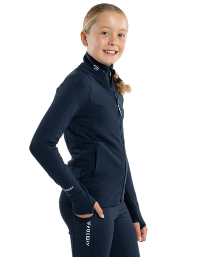 Navy White Coloured Equidry Childrens Water Repellent Zip Up Top on white background 
