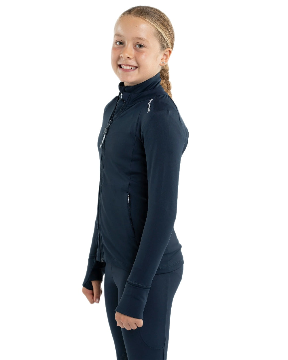 Navy White Coloured Equidry Childrens Water Repellent Zip Up Top on white background 