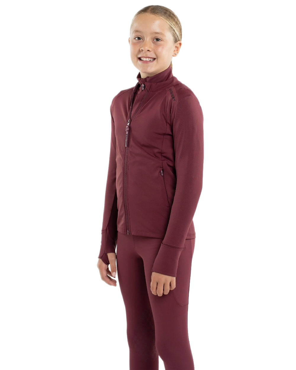 Plum Black Coloured Equidry Childrens Water Repellent Zip Up Top on white background 