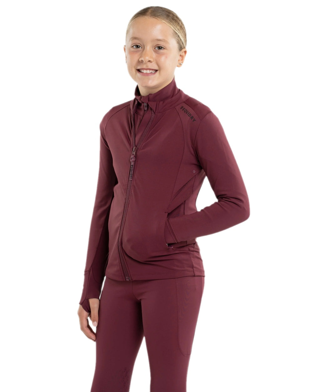 Plum Black Coloured Equidry Childrens Water Repellent Zip Up Top on white background 