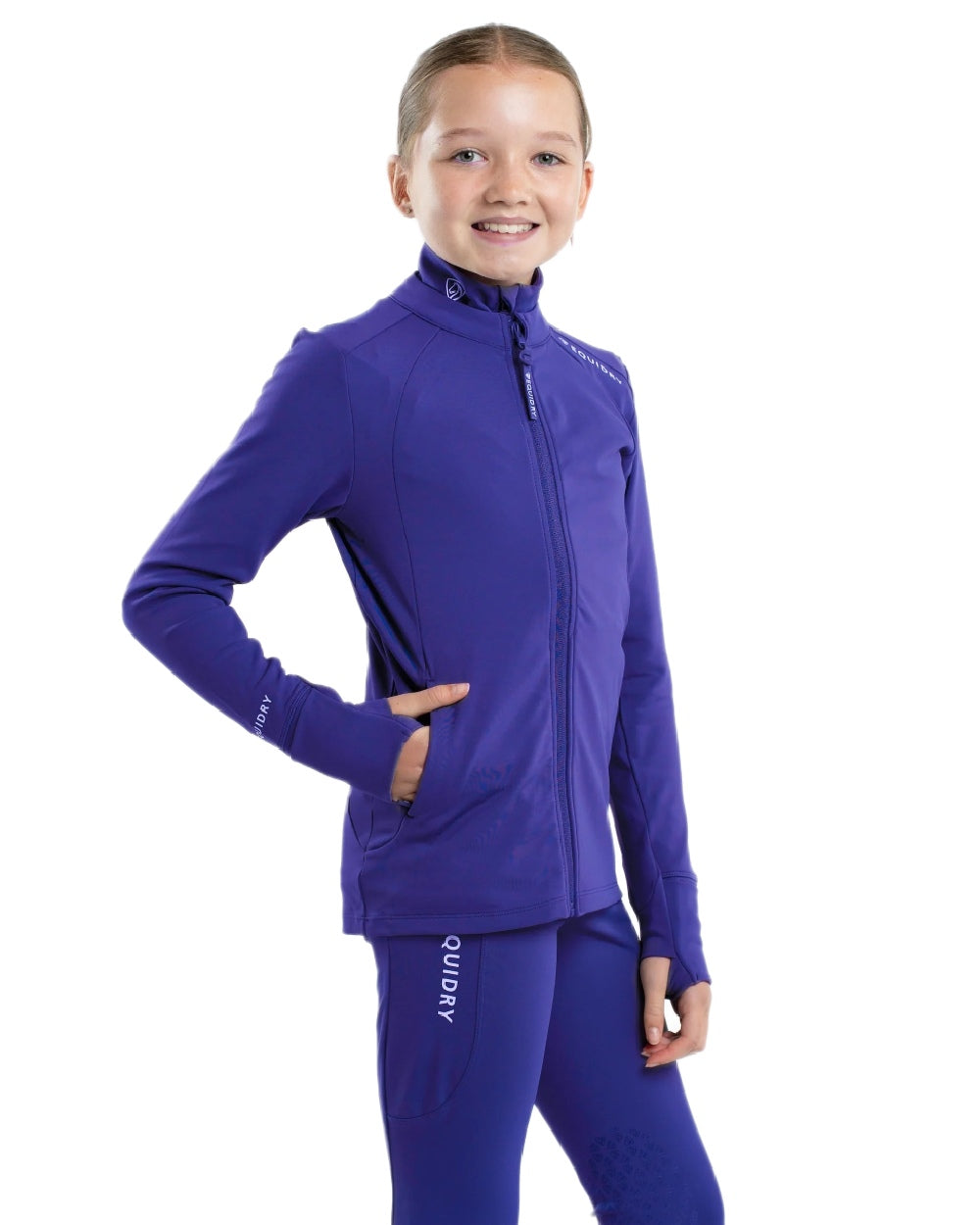 Purple White Coloured Equidry Childrens Water Repellent Zip Up Top on white background 