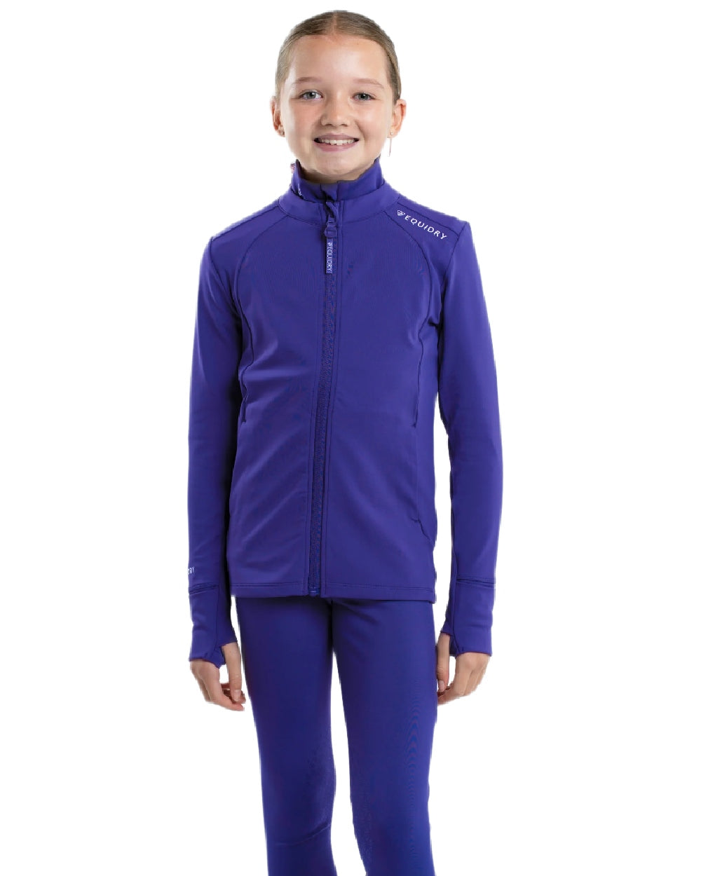 Purple White Coloured Equidry Childrens Water Repellent Zip Up Top on white background 