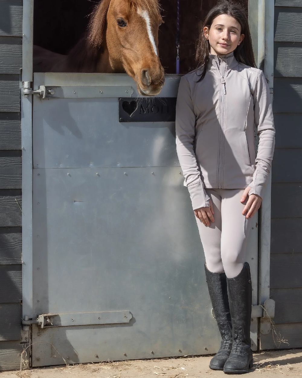 Sand White Coloured Equidry Childrens Water Repellent Zip Up Top on outdoor background 