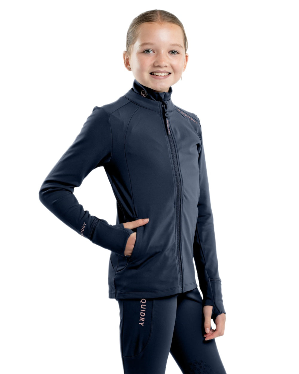 Navy Pale Pink Coloured Equidry Childrens Water Repellent Zip Up Top on white background 