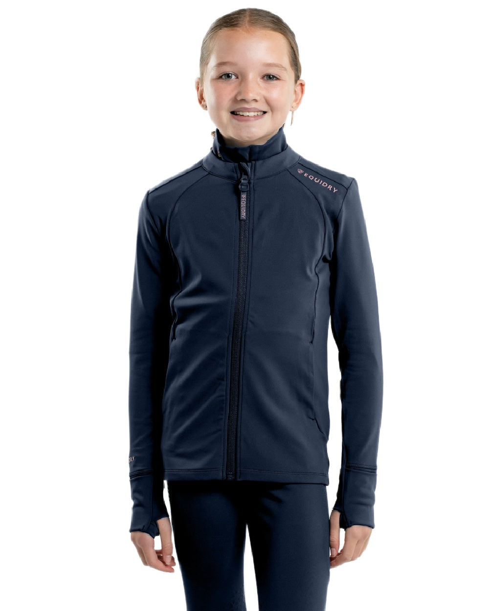Navy Pale Pink Coloured Equidry Childrens Water Repellent Zip Up Top on white background 