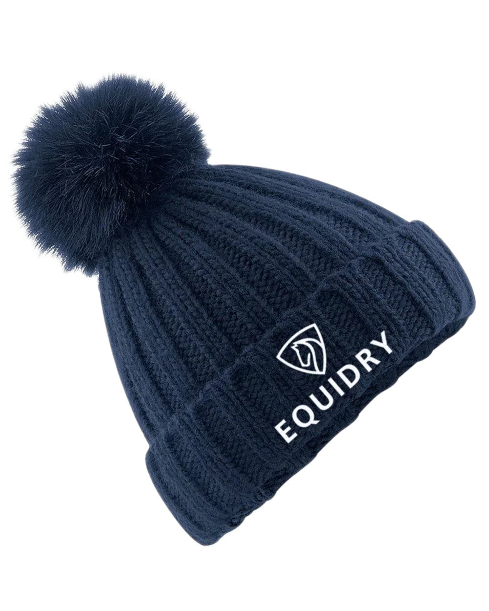 Navy coloured Equidry Chunky Pom Pom Bobble Hat on white background 
